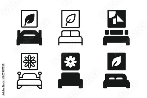 Stylish Bedroom Upgrades Icons. Upgrading your bedroom with stylish decor. Icon set. Set Logo of upgrading your bedroom with stylish decor: decorative wall