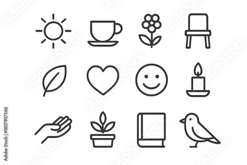 Simplicity Icons Collection. Joy of simplicity. Line icon set of joy of simplicity: sun, cup, flower, chair, leaf, heart, smile, candle, hand, plant, book,