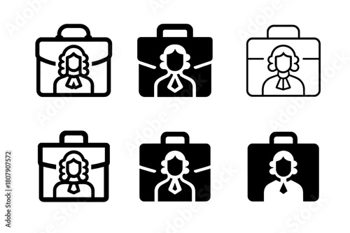 Legal Emblem Icons. Courtroom settings and legal proceedings. Icon set. Set Logo of justice: lawyer and briefcase. harmonious logo variations of the same