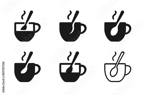 Spoon Stirring Icons. Preparing a warm drink. Icon set. Set Logo of Spoon: Stirring beverage. Abstract geometric, Filled silhouette, Flat solid, Minimal