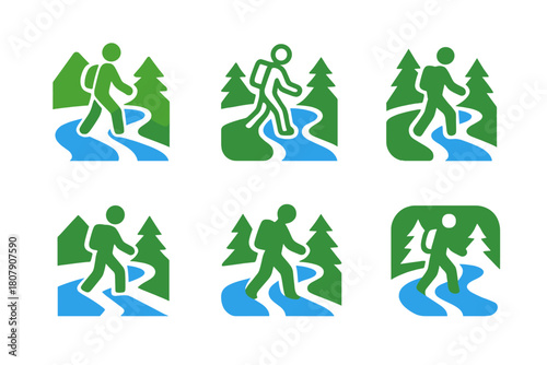 Nature Walk Logos. Nature walks in unspoiled environments. Icon set. Set Logo of riverside walk: trail following a flowing stream. harmonious logo variations