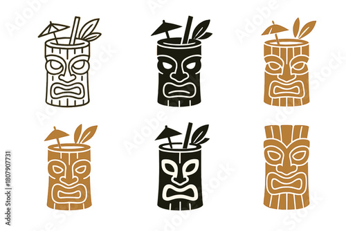 Tiki Bar Logos. Tropical tiki bar setup and decoration. Icon set. Set Logo of Tropical tiki bar setup and decoration: bamboo tiki mug. harmonious
