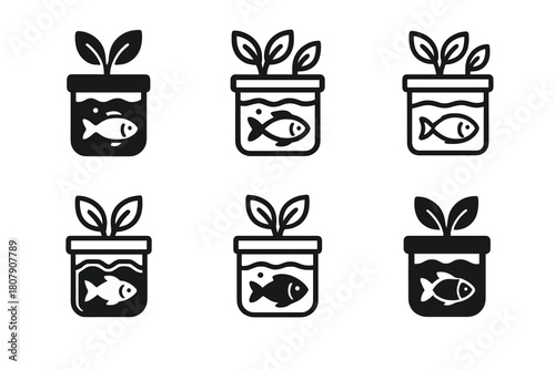 Urban Aquaponics Icons. Growing food with aquaponics in a small urban apartment. Icon set. Set Logo of growing food with aquaponics in a small urban apartment: