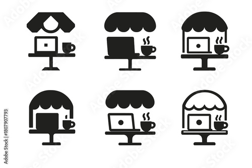 Versatile Workspace Logos. Work from anywhere. Icon set. Set Logo of Work from anywhere: Coffee shop workstation. harmonious logo variations of the same