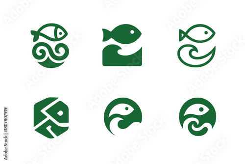Sustainable Fishing Icons. Sustainable fishing. Icon set. Set Logo of sustainable fishing: reef protection icon. harmonious logo variations of the same