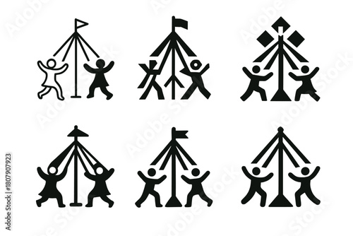 May Day Icons. May Day Festivities. Icon set. Set Logo of May Day: Maypole Dance. harmonious logo variations of the same emblematic concept, each