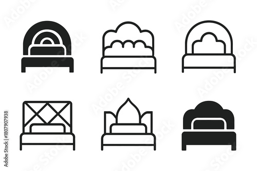 Bedroom Decor Icons. Upgrading your bedroom with stylish decor. Icon set. Set Logo of upgrading your bedroom with stylish decor: statement headboard.
