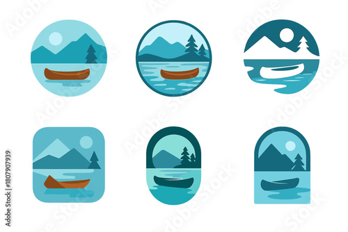 Lake Logo Variations. Freshwater lakes with crystal-clear water. Icon set. Set Logo of reflection beauty: mirrored trees in still water. harmonious logo