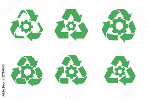 Recycling Logo Variations. Recycling process. Icon set. Set Logo of recycling process: circular motion with gear elements. harmonious logo variations of the