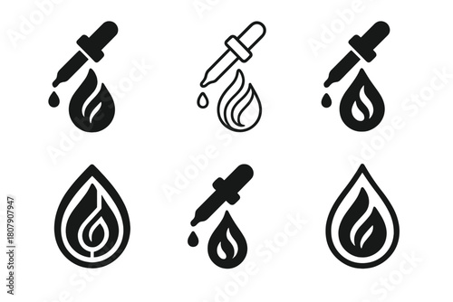 Handmade Candle Icons. Handmade candles and soap making. Icon set. Set Logo of essential oils: dropper with aroma wave lines. harmonious logo variations of the