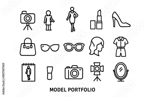Model Portfolio Icons. Model portfolio. Line icon set of model portfolio: model silhouette, camera, clipboard, headshot, makeup brush, star, heart, photo