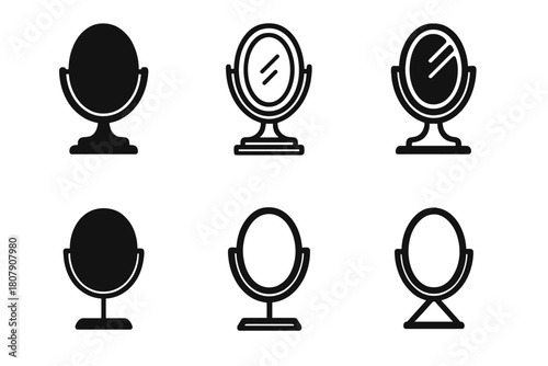 Vanity Mirror Logos. Vanity mirror. Icon set. Set Logo of Vanity mirror: round tabletop mirror. harmonious logo variations of the same emblematic concept, each