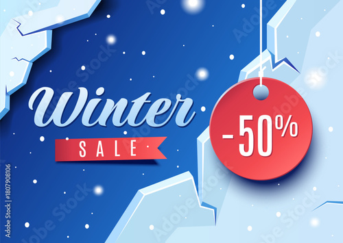 Winter sale promotion with snowflake design and 50% discount highlight
