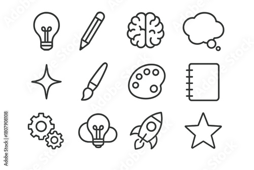Creative Idea Icons. Creative ideas. Line icon set of creative ideas: light bulb, pencil, brain, thought bubble, spark, paintbrush, color palette, notebook,