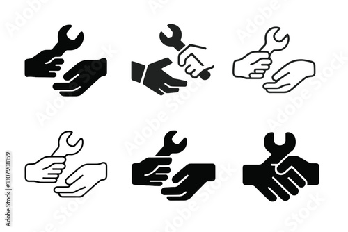 Skill Sharing Logos. Online Workshops. Icon set. Set Logo of skill sharing: two hands exchanging tools. harmonious logo variations of the same emblematic