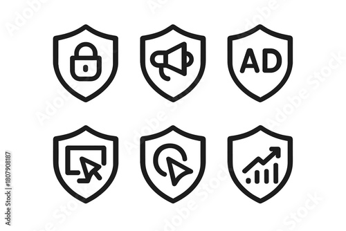 Cybersecurity Logo Grid. Cybersecurity for Digital Marketing and Advertising Platforms. Set Logo of Threat Protection Icon: Minimal outline, Negative space,