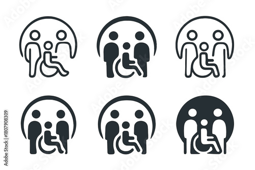 Inclusive Event Icons. Disability-friendly events and gatherings. Icon set. Set Logo of Disability-friendly events: Wheelchair. harmonious logo variations of