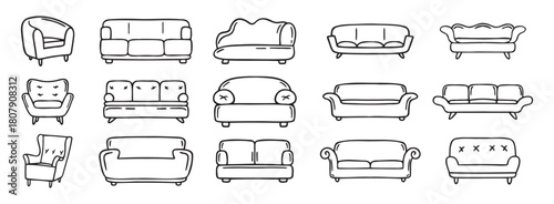 sofa and armchair doodle hand drawn icon set. luxury couch for apartment, comfort sofa models. Outline drawing sofa and armchair line clipart symbol collection