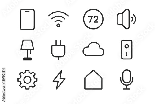 Smart Home Icon Set. Home automation. Line icon set of home automation: smartphone, Wi-Fi, thermostat, lamp, light bulb, outlet, remote control, gear, plug,