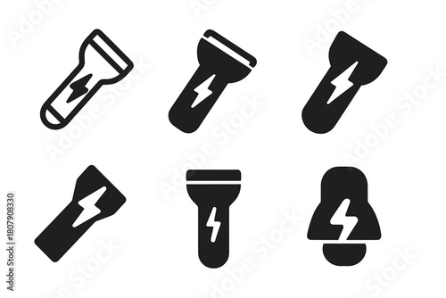 Flashlight Logo Variations. How a flashlight works. Icon set. Set Logo of flashlight structure: handheld torch. harmonious logo variations of the