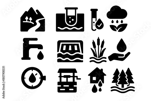 Sustainable Water Icons. Sustainable water management. Solid icon set of Sustainable water management: watershed protection, aquifer map, water quality test,