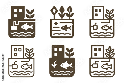 Urban Aquaponics Logos. Growing food with aquaponics in a small urban apartment. Icon set. Set Logo of growing food with aquaponics in a small urban apartment: