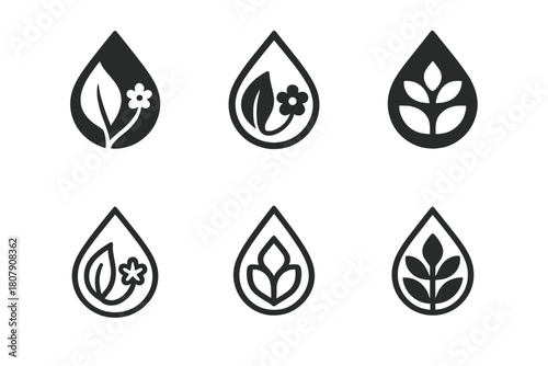 Natural Ingredients Logos. Handmade candles and soap making. Icon set. Set Logo of natural ingredients: leaf and flower combined with droplet. harmonious logo