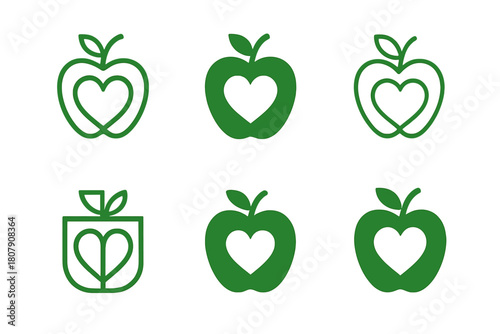 Healthy Aging Icons. Healthy aging. Icon set. Set Logo of healthy aging: heart and leaf. harmonious logo variations of the same emblematic concept, each with