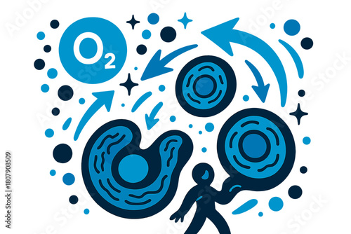 Oxygen Cellular Interaction. Oxygen. Oxygen molecule interacting with human cells; abstract floating arrows, bubbles, and sparkles highlight cellular