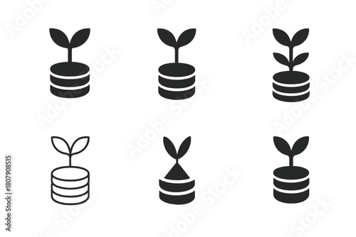 Entrepreneurial Growth Icons. A group of entrepreneurs discussing business growth and scalability. Icon set. Set Logo of financial growth: plant sprouting from