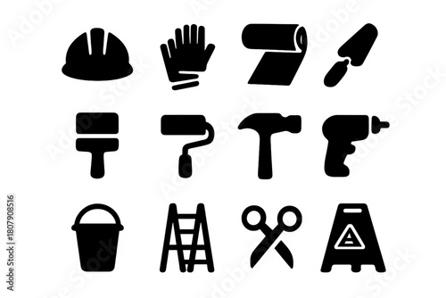 Construction Safety Icons. Construction site safety. Solid icon set of construction site safety: helmet, gloves, membrane roll, trowel, brush, roller, hammer,
