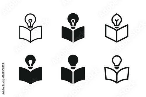 Study Skills Logos. Study skills. Icon set. Set Logo of study skills: open book with light bulb symbolizing learning. harmonious logo variations of the same