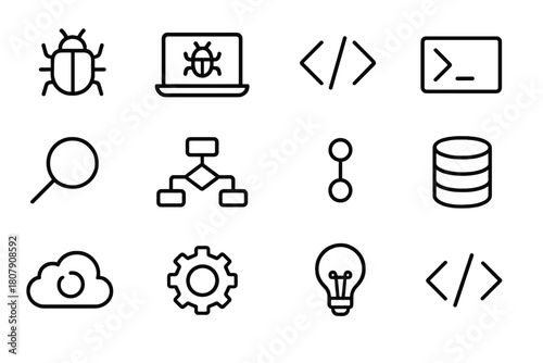 Debugging Line Icons. Debugging. Line icon set of debugging: bug, laptop, code brackets, terminal, magnifying glass, flowchart, commit, database, cloud, gear,