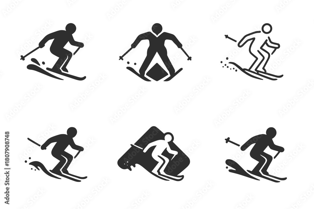 Naklejka premium Skiing Icon Variations. Skiing on mountain slopes. Icon set. Set Logo of skiing on mountain slopes: dynamic skier icon with snow spray effect. harmonious logo