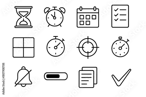 Time Management Icons. Time management and prioritization. Line icon set of time management and prioritization: hourglass, alarm clock, calendar, to-do list,