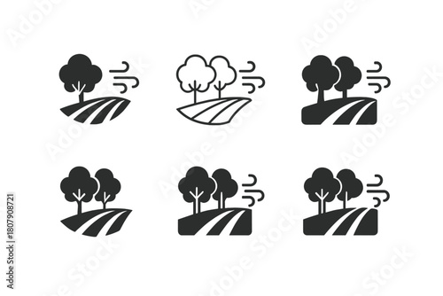Agriculture Climate Logos. Agriculture and climate change. Icon set. Set Logo of agriculture and climate change: windbreak tree row shielding a