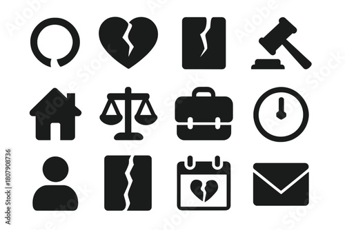 Divorce Icon Set. Divorce. Solid icon set of divorce: broken ring, heart split, document, gavel, house, scales, suitcase, clock, person, paper tear, calendar,
