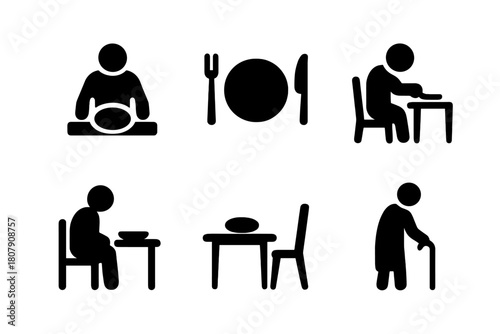 Lonely Meal Icons. Loneliness in old age. Icon set. Set Logo of Empty Plate: Meal for one. Negative space, Minimal outline, Symmetrical form, Iconic shape,