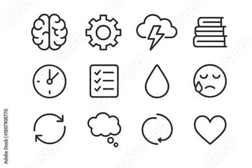 Mental Load Icons. Mental Load. Line icon set of Mental Load: brain, gear, cloud, lightning bolt, stack of books, clock, checklist, sweat drop, tired face,