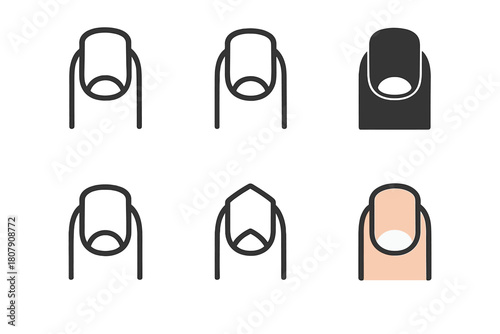 Natural Nails Logos. Natural nails. Icon set. Set Logo of natural nails: clean nail bed with highlighted lunula. harmonious logo variations of the same