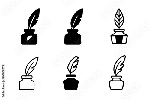 Handmade Fonts Logos. Handmade Fonts. Icon set. Set Logo of Handmade Fonts: ink bottle and quill. harmonious logo variations of the same emblematic concept,