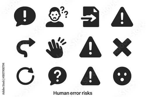 Human Error Icons. Human error risks. Solid icon set of Human error risks: exclamation bubble, confused person, misplaced document, typo symbol, warning