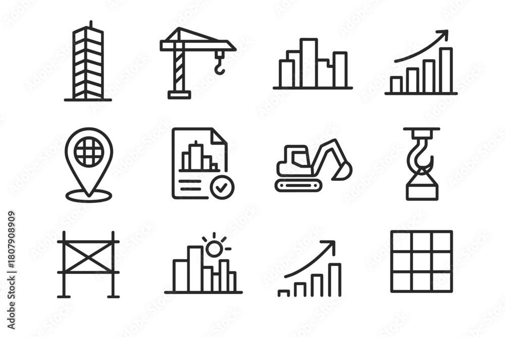 Fototapeta premium City Skyline Icons. City skylines. Solid icon set of City skylines: tall buildings, tower, dome, bridge, street lights, park, riverbank, apartment block,
