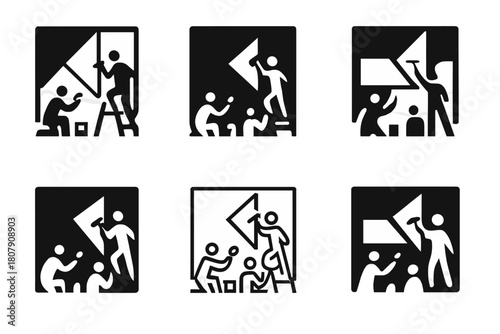Community Mural Icons. A group of artists working together on a large community mural project. Icon set. Set Logo of Sketch Paper: Design planning. Negative