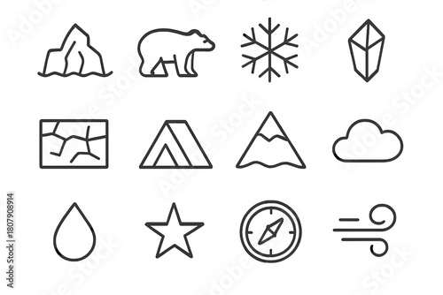 Arctic Icon Set. Arctic Landscape. Line icon set of Arctic Landscape: iceberg, polar bear, snowflake, ice crystal, frozen ground, tent, mountain, cloud,