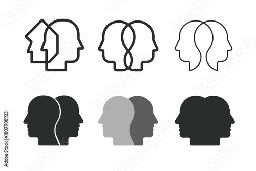 Mind Duality Icons. Duality of mind. Icon set. Set Logo of Duality of mind: Yin-yang human head. harmonious logo variations of the same emblematic concept,