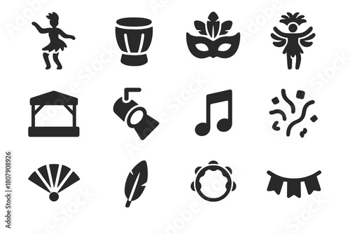 Festival Line Icons. Festival Atmosphere. Line icon set of Festival Atmosphere: tent, lantern, flag string, bonfire, food stall, people crowd, drum, guitar,