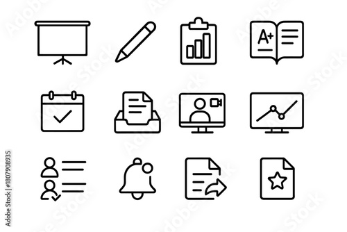 Online Teacher Tools Icons. Teacher tools online. Line icon set of online teacher tools: presentation slide, annotation pen, poll, gradebook, calendar,