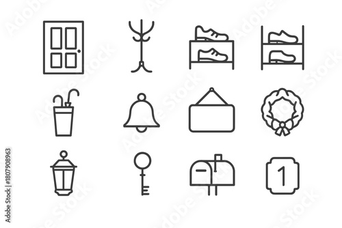 Warm Welcome Icons. Warm welcome entry. Line icon set of warm welcome entry: front door, doormat, coat rack, shoe rack, umbrella stand, bell, welcome sign,