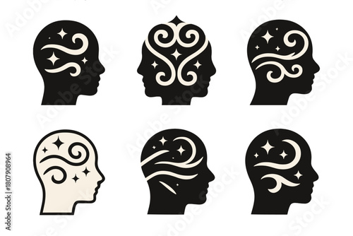 Swirling Thoughts Logos. Night sky filled with swirling thoughts. Icon set. Set Logo of night sky filled with swirling thoughts: flowing stars and waves.